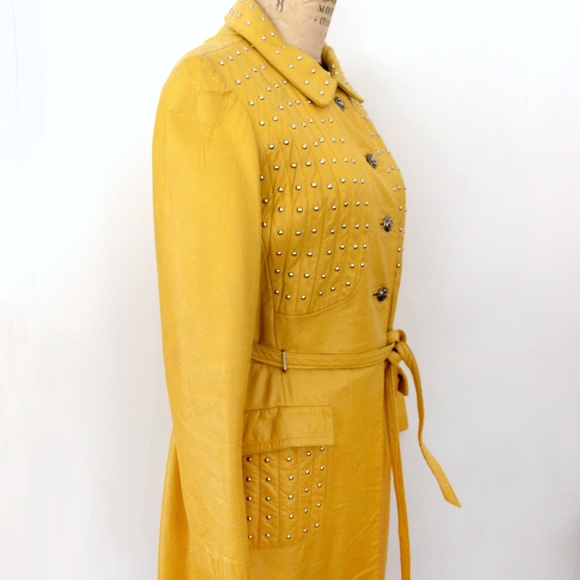 1960s vintage  manteau cuir jaune clouté yellow leather studded  jacket coat - Picture 5 of 16